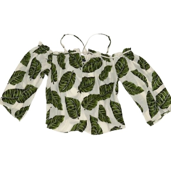 Off Shoulder Tropical Leaf Print Blouse White Green Vacation Top M - Picture 5 of 10
